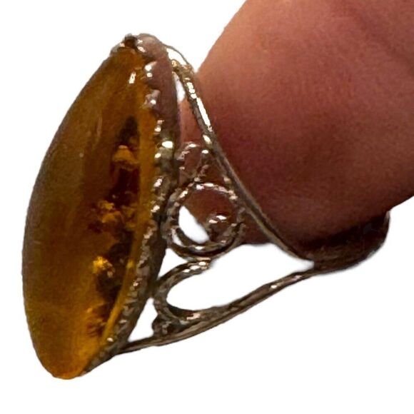Vintage Statement Natural Baltic Amber Marquise Ring Ornate Silver Filigree Sz6 - Picture 8 of 10